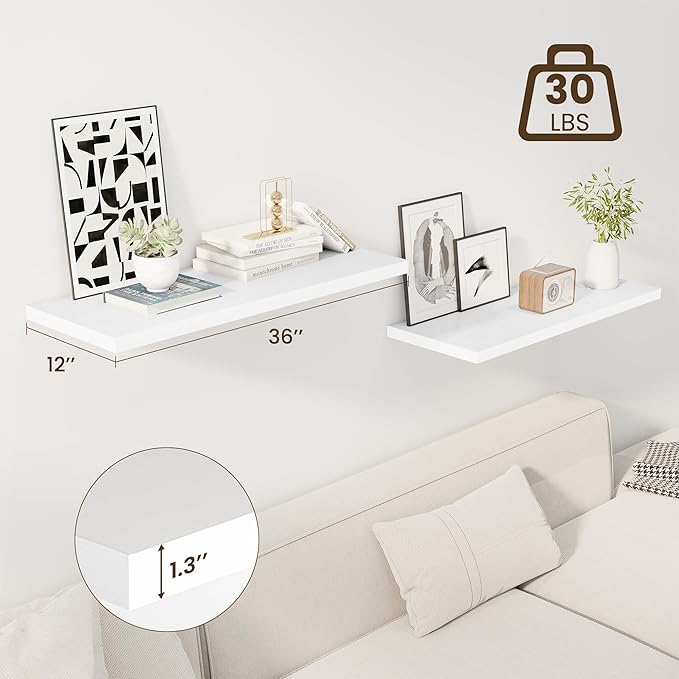 Dreamland 36" Floating Shelves for Wall, 12" Deep Slim White Floating Shelves, Wall-Mounted Shelves for Bedroom, Living Room, Kitchen, Bathroom - Set of 2
