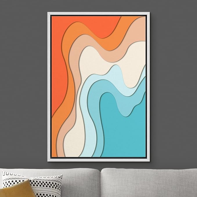 Woodrose Framed Canvas Print Wall Art Neon Orange, Tan & Blue Color Gradient Abstract Shapes Illustrations Modern Art Minimalist 3D Colorful Ultra for Living Room, Bedroom, Office - 24"x36" WHITE