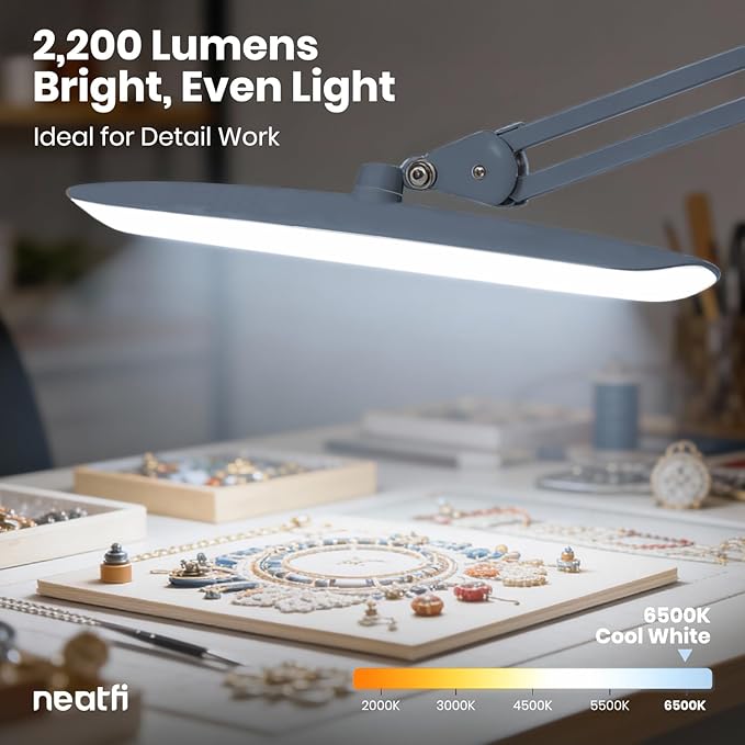 Neatfi XL Nail Desk Lamp with Clamp, 2200 Lumens, 20-Inch Wide Head, Dimmable 4 Levels, 6500K, LED Task Light for Manicure Table, Crafts, Workbench, Office (Non-CCT, Gray)