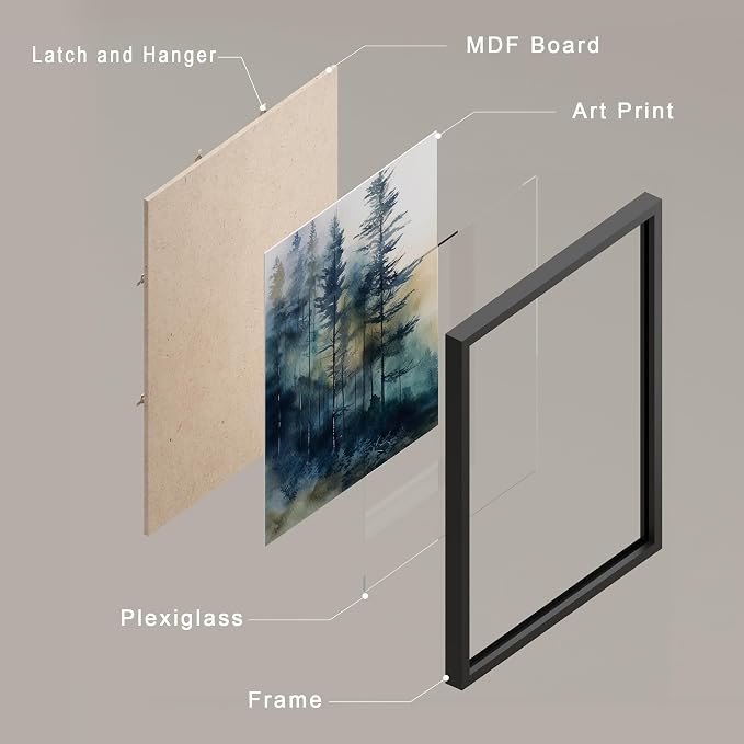 SIGNWIN Framed Poster Green & Teal Watercolor Forest Pine Trees Nature Wilderness Photography Realism Decorative Rustic Cozy Zen for Living Room, Bedroom, Office - 12"x16"x 4 Black
