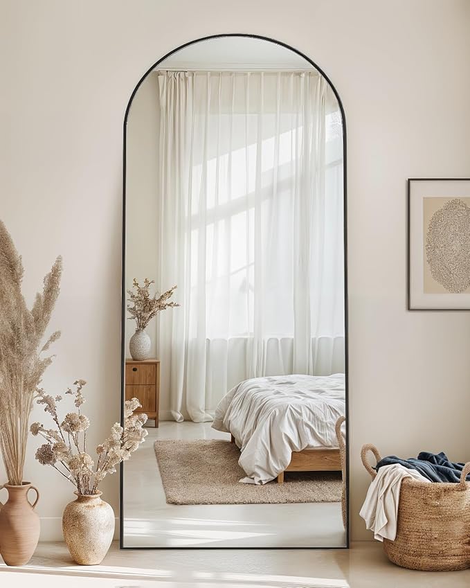 Full Length Mirror with Stand, 64"x21" Arched Full Body Mirror, Large Stand Up Aluminum Frame Floor Freestanding Hanging Leaning Mounted for Bedroom Living Room Entryway Black