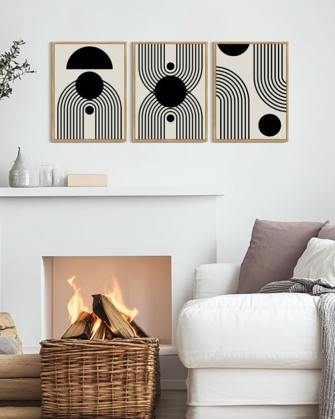 Drsoum Black Abstract Boho Wall Art Framed Modern Bohemian Wall Decor Geometry Lines Prints Ready to Hang 12x16in Natural Framed
