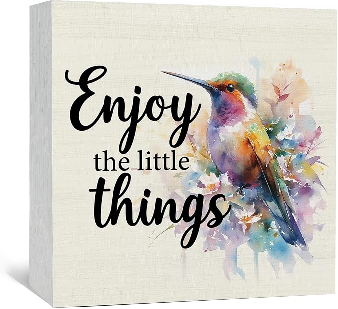 Hummingbird Decor - Hummingbird Gifts For Women, Inspirational Wooden Box Signs, Enjoy The Little Things Motivational Wood Decoration Home Decor For Desk Table Shelf 8x8 Inch Decorative Signs & Plaques