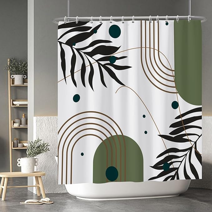 Baocicoo Mid Century Boho Shower Curtain Botanical Abstract Green Leaf Shower Curtain for Bathroom Hostel Hotel Cubicle Bathtub Decor Durable Waterproof Curtain for Bathroom with Hooks 72x78 Inches