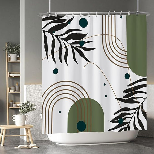 Baocicoo Mid Century Boho Shower Curtain Botanical Abstract Green Leaf Shower Curtain for Bathroom Hostel Hotel Cubicle Bathtub Decor Durable Waterproof Curtain for Bathroom with Hooks 72x78 Inches