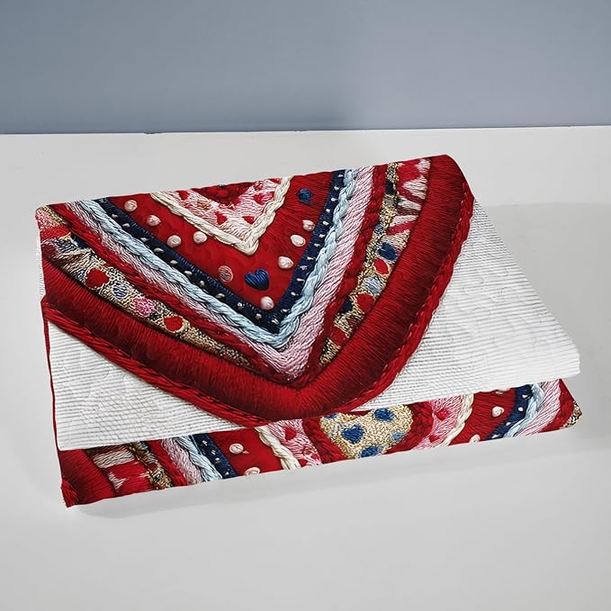 AILONEN Red Knitted Heart Quilt Set Queen Size,Heart Reversible Bedding Sets,Romantic Moment Bedspread Coverlet with 2 Pillowcases,3-Piece,Soft Lightweight Microfiber