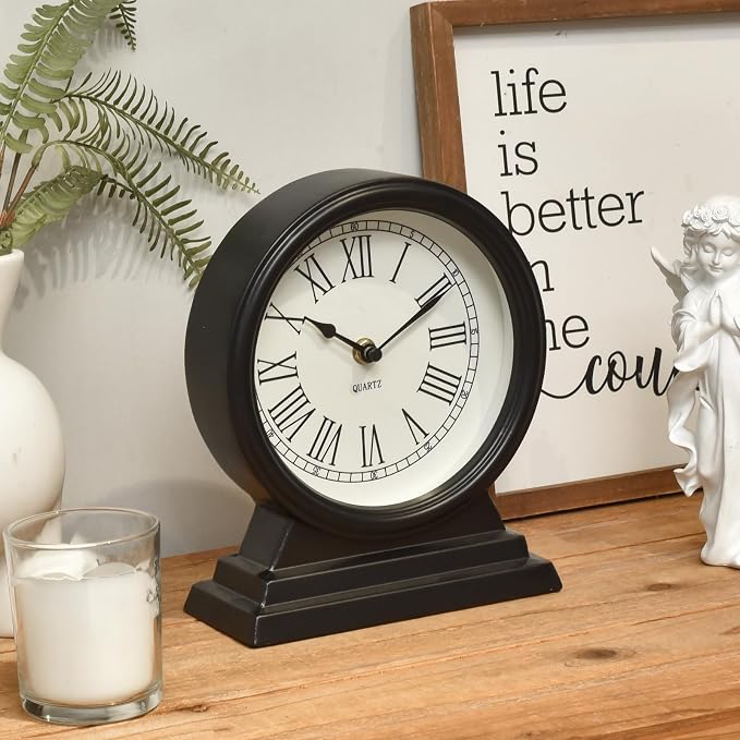 EMAX HOME Black Mantel Clock - Classy Vintage Style Table Clock for Living Room Décor,Silent Non-Ticking Mantel Clocks for Living Room