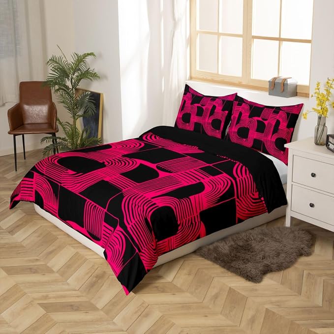 Bohemian Geometric Boys Duvet Cover King Size Mid Century Abstract Bedding Set 3 Piece Hot Pink Boho Ethnic Comforter Cover Modern Abstract Striped Bed Sets For Kids Teens Adult Men Bedroom Decor