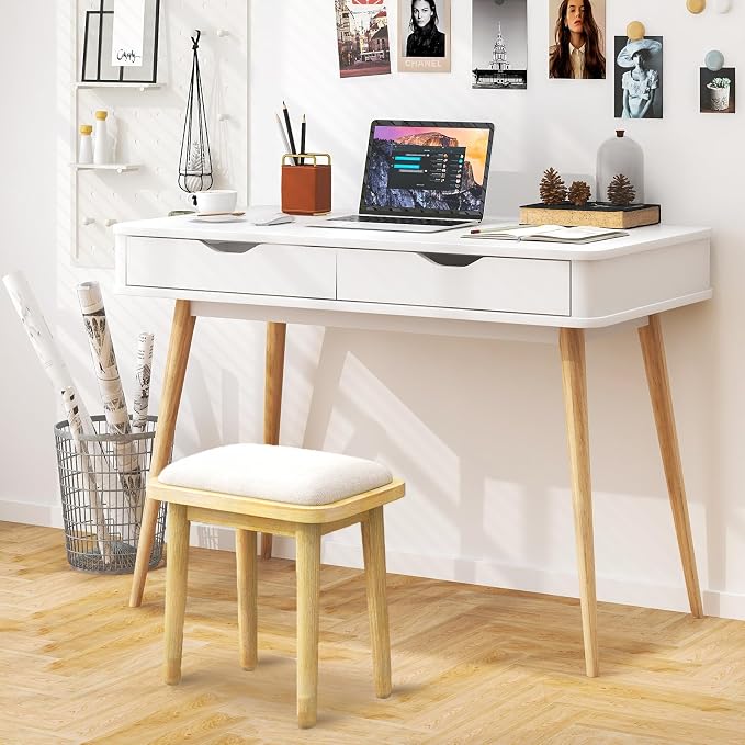 POWERSTONE Mid Century Office Desk with 2 Drawers - Vintage Writing Desk Computer Workstation with Sturdy Rubberwood Legs & Spacious 43.5" Desktop for Home Office Bedroom