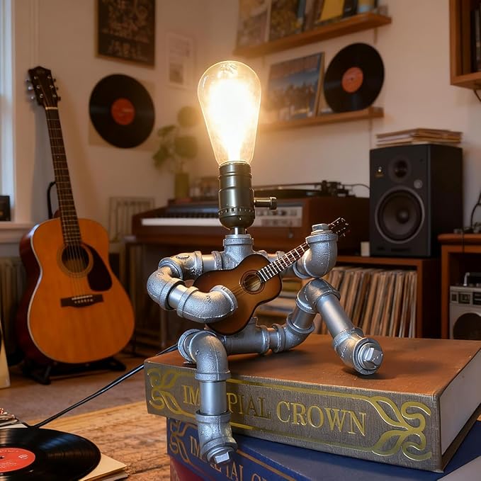 Music Guitar Table Lamp Art Decor, Cool Guitar Stuff Gifts for Men Music Lovers Guitar Players, Steampunk Pipe Man Edison Bulb Lamps, Retro Guitars Metal Pipe Industrial Robot Lights