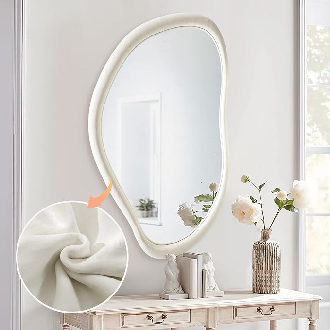Irregular Wall Mirror Asymmetrical Mirror, 35"x24" Flannel Wrapped Wood Vanity Mirror, Decorative Wave Mirrors for Living Room Bathroom Entryway, Horizontal/Vertical, Ivory