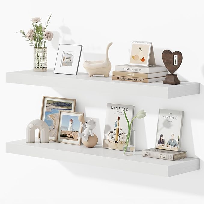 Dreamland 40 Inches Floating Shelves for Wall, 9.3" Deep Long Floating Shelves Set of 2, Large Display & Storage Shelf, Wall Shelf for Bathroom Bedroom Living Room Kitchen Office, White