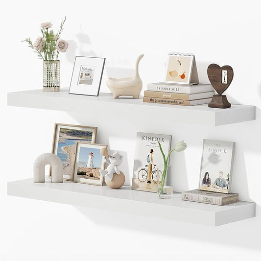 Dreamland 40 Inches Floating Shelves for Wall, 9.3" Deep Long Floating Shelves Set of 2, Large Display & Storage Shelf, Wall Shelf for Bathroom Bedroom Living Room Kitchen Office, White