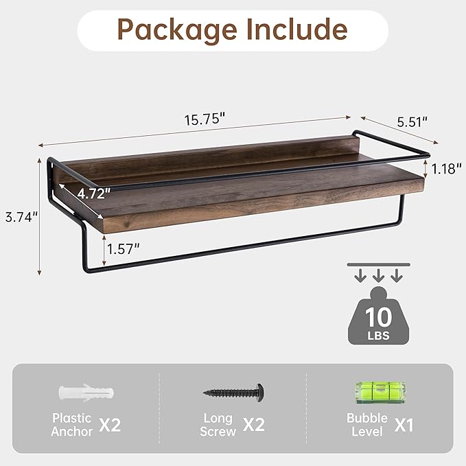 Floating Shelves with Towel Bar - Natural Walnut Hanging Shelf, Wall Mounted Shelving with Metal Frame for Kitchen, Coffee Bar, Entryway, Bedroom