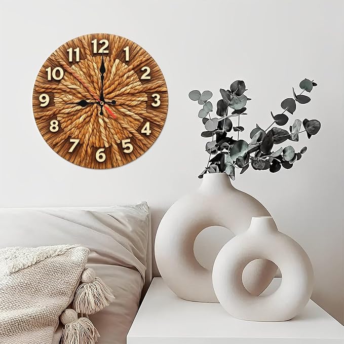 Rope Weave Sunburst Farmhouse Wooden Wall Clock 25cm*25cm