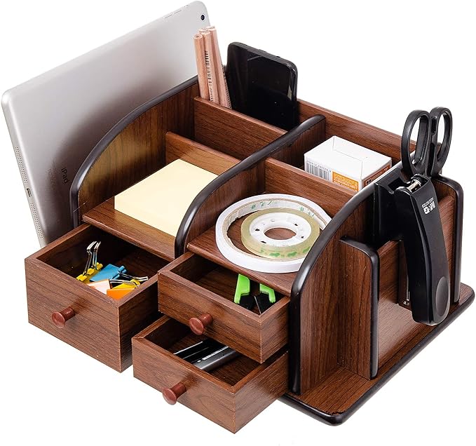 Liry Products Brown Wooden Desk Organizer Multiple Compartments 3 Drawers Slots 2 Shelves Racks Holder Office Supplies Caddy Tabletop Storage Desktop Stationery Accessory Sorter Home Kitchen