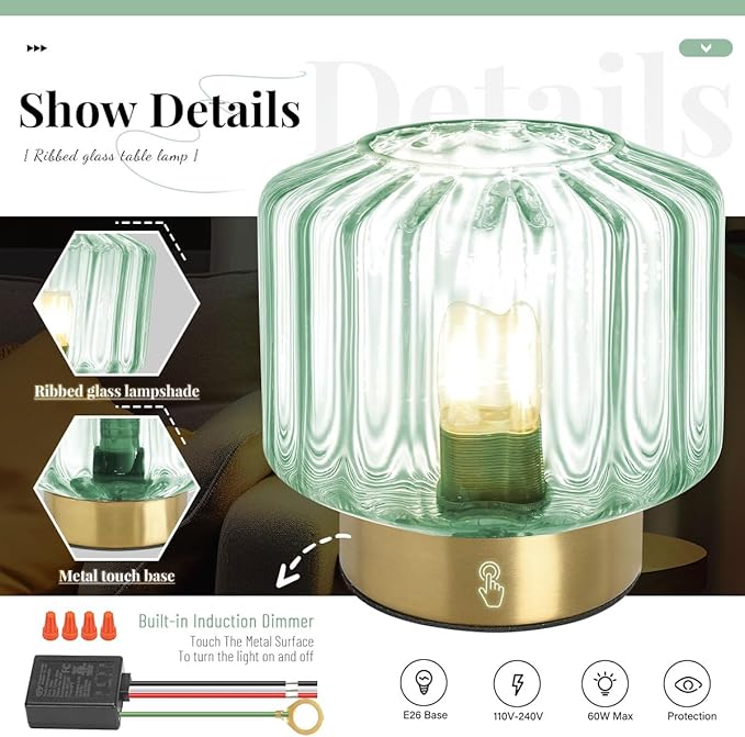 Bedside Table Lamp Touch nightstand lamp with Dark Green Glass Shade Mid Century Modern Table lamp Gold Desk lamp Small Mini Vintage Table Light for end Table Bedroom Living Room Office