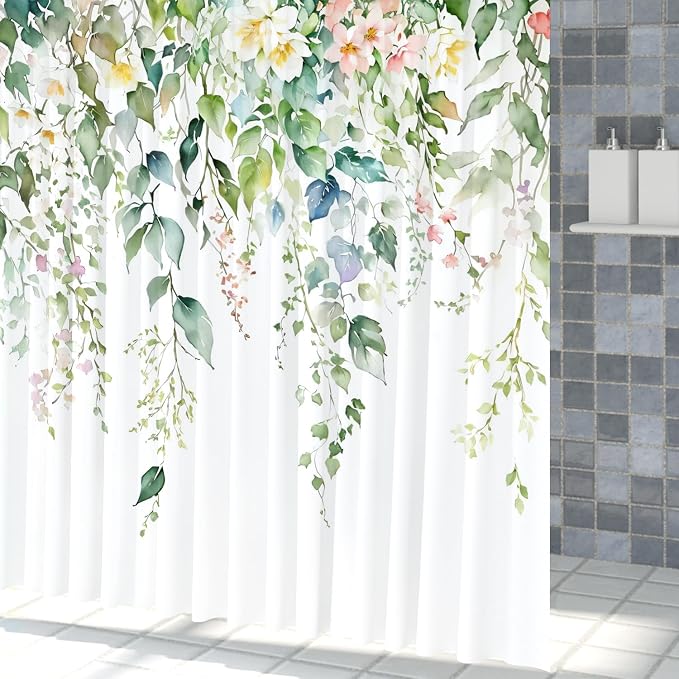 Sage Green Eucalyptus Shower Curtain Watercolor Botanical Floral Leaves Shower Curtain Set Spring Nature Bathroom Decor with 12 Hooks,72x78 Inches