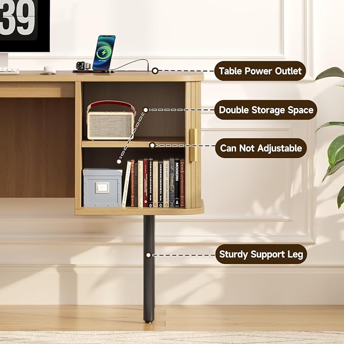 ONBRILL 63 Inch Fluted Computer Desk with Charging Station, Mid Century Executive Desk with 2 Storage Cabinets, Modern Home Office Large Desk with Metal Legs for Working, Studying, Writing, Oak