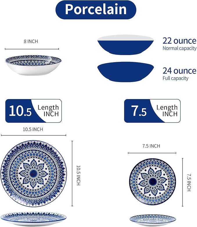 Bestone Ceramic 12-Pieces Dinnerware Sets, Ceramic Dish Plates and Bowls Sets, Dishes Set for 4, Dinner Salad Dessert Plates, and Cereal Bowls Set, Gift,Vintage Blue