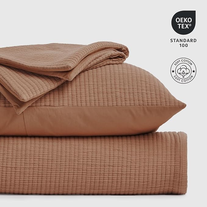 EVERGRACEHOME Cotton Gauze King Bedspread, Ultra Soft Prewashed Pick Stitch Matelassé Coverlet, Lightweight Textured Oversized King Quilt Bedding Set for All Season, with 2 Shams, Terracotta Clay