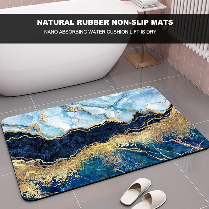 Diatomaceous Earth Bath Mat,Blue White Black and Gold Marble Non-Slip Volume Super Absorbent Fast Drying for Bathroom Kitchen Door mat,Eco-Friendly Easy to Clean 17×27.5Inch (43 * 70cm)
