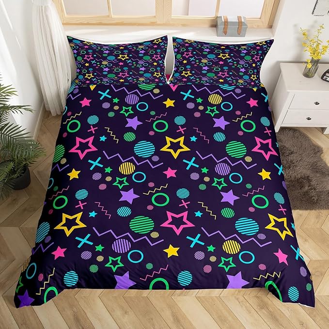 Memphis Duvet Cover Set Queen Size, Colorful Geometric Vintage Style Comforter Cover with 2 Pillowcases, 80s 90s Fashion Style Bedding Set for Kids Boys Girls Lightweight Bedspread Cover,No Comforter