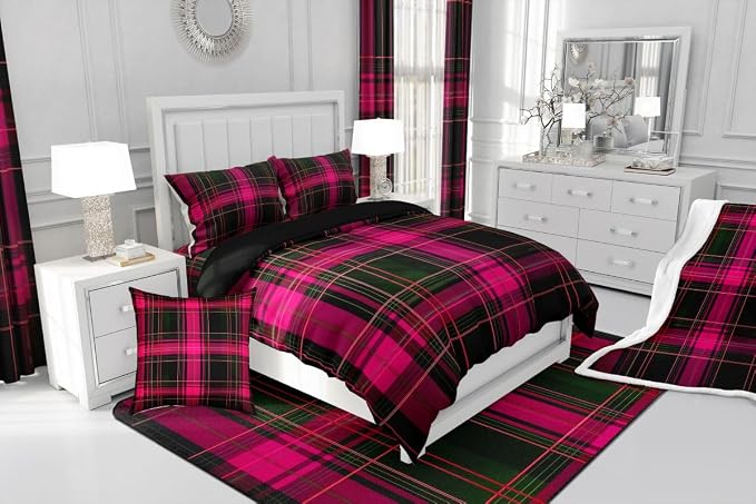 Erosebridal Geometric Plaid Grid Comforter Cover King Modern Checkered Tartan Bedding Set for Kids Teens Vintage Pink Black Duvet Cover Farmhouse Cabin Decor Bedroom Decor, Zipper