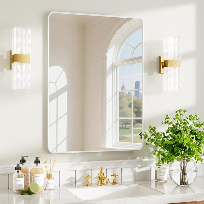 22x30 inch White Bathroom Mirror, White Metal Framed Rounded Rectangle Wall Mount Vanity Mirror, HD Tempered Glass, Aluminum Frame, Horizontal or Vertical Hanging, Modern Home Decor
