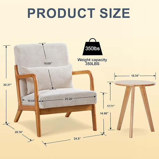 Accent Chairs with Side Table, Mid Century Modern Chair with Pillow, Arm Chair with Solid Wood, Reading Relaxing Leisure Chair for Living Room, Waiting Room, Beige