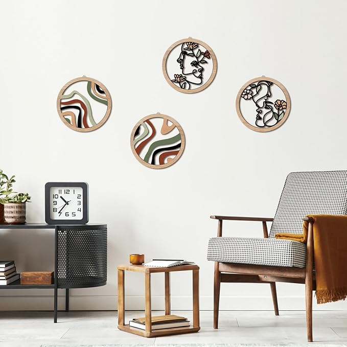HPNIUB Boho Fashion Woman Wall Decor, Abstract Geometric Line Hanging Wooden Wall Art, 4 Pieces 10''x10'' Minimalist Aesthetic Female Women Face and Floral Wood Sign for Bedroom Living Room, Lady Gift