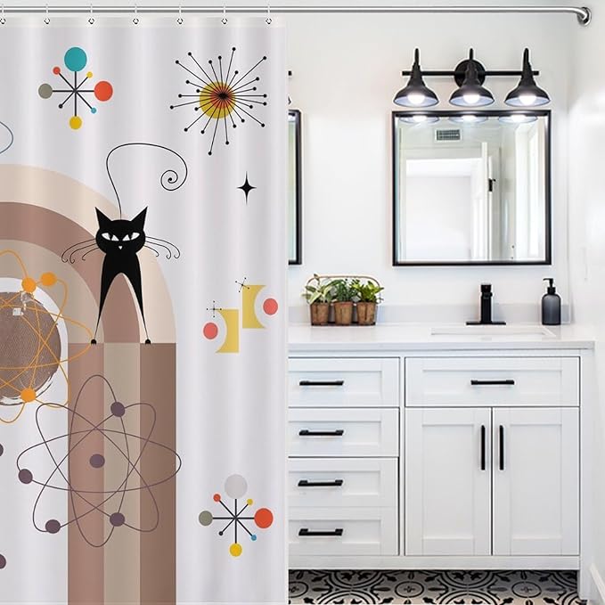 Atomic Cat Shower Curtain,Mid Century Modern Funny Black Cat Geometric Arched Abstract Modern Art Minimalist Boho Bathroom Curtain Polyester Waterproof Fabric Decor 66x72in（168x183cm）