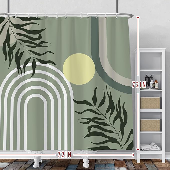 Baocicco Green Minimalism Boho Shower Curtain Mid Century Abstract Sun Shower Curtain for Bathroom Modern Hostel Hotel Durable Polyester Waterproof Curtain for Bathroom with Hooks 72x72 Inches