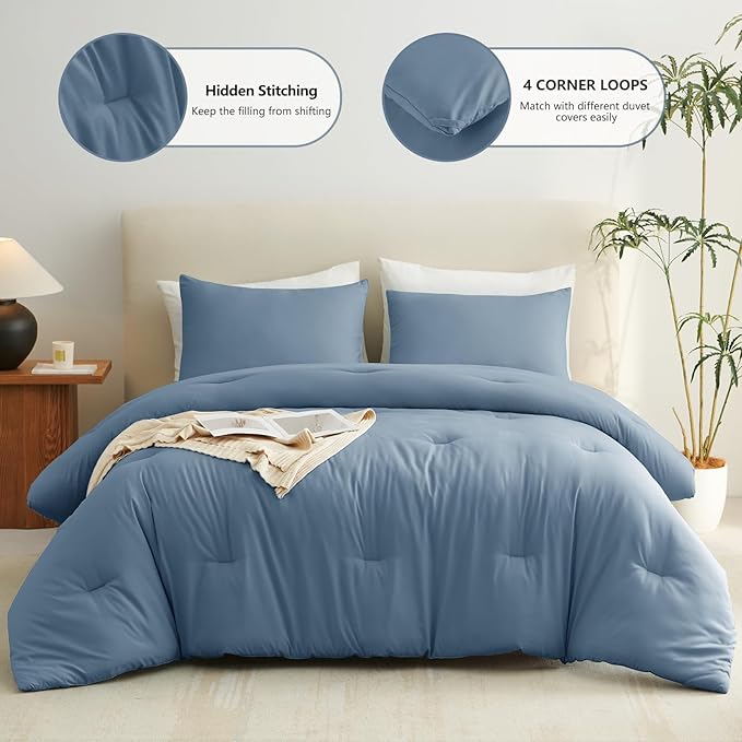 CozyLux Queen Comforter Set Grayish Blue, 3 Pieces Lightweight Comforters Queen Size Bedding Sets, Dusty Blue All Season Solid Down Alternative Comforter with 2 Pillowcases, Bed Set Gift for Home