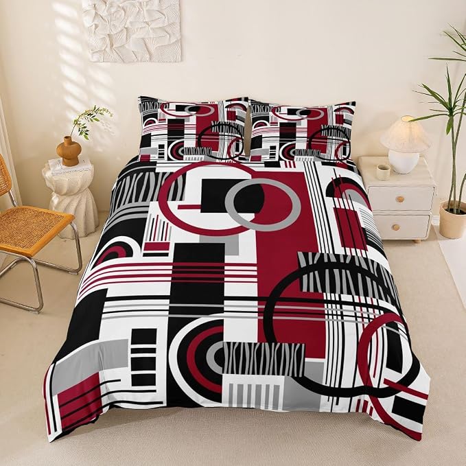Erosebridal Art Deco Mid Century Duvet Cover Set Retro Modern Abstract Geometric Queen Bedding Set for Toddler Boys Black and White Burgundy Circles Stripes Comforter Cover Contemporary Bed Sets