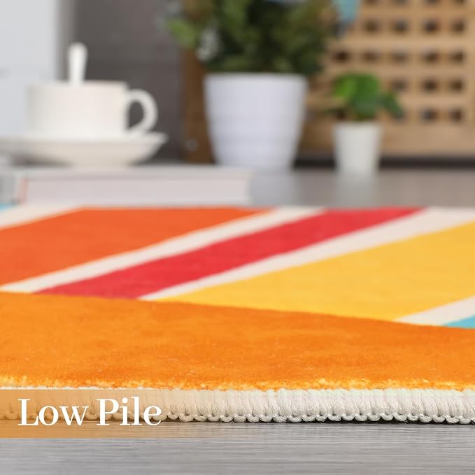 Garvee Rainbow Sun Round Rug, Washable 3ft Non Slip Low Pile Rug with Cute Sun Print for Nursery Sofa Bedroom, Mid Century Modern Circle Rugs for Playroom Kids Room, Colorful Red