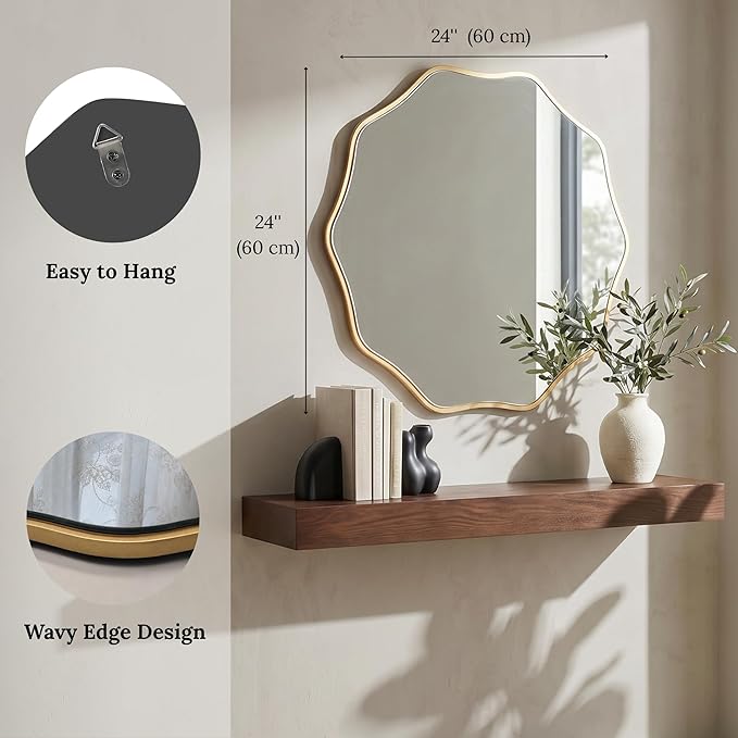 PERFNIQUE Gold Scalloped Mirror, 24'' Round Wall Mirrors Wavy Wood Framed for Bathroom Nursery Bedroom Living Room Entryway, Decorative Modern Wall Decor