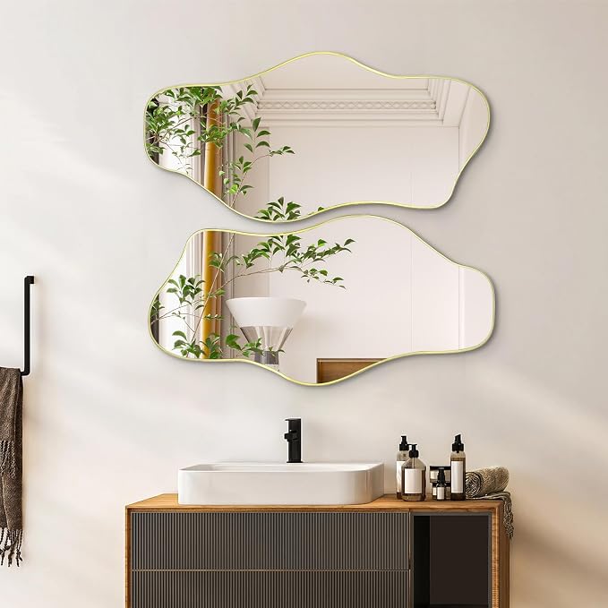 Irregular Wall Mirror, 35.8"x17.7" Gold Asymmetrical Tempered Glass Mirror, Frameless Organic Shaped Mirrors for Entryway Bedroom Living Room Bathroom, Horizontal or Vertical Hanging