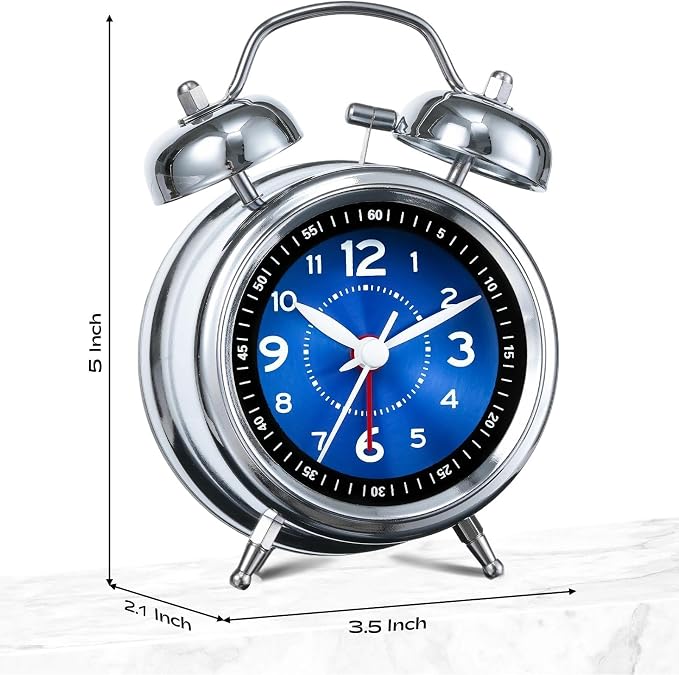 AKCISOT Loud Alarm Clock for Heavy Deep Sleepers,3 Inches Analog Metal Twin Bell Clocks Battery Operated with Backlight for Bedroom Bseide, Old Fashioned for Desk Home Decoration (Blue)
