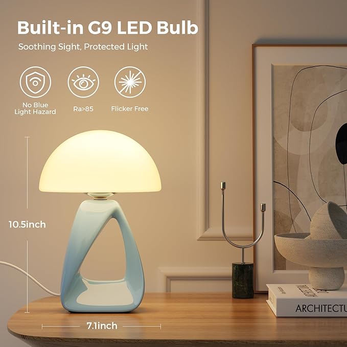 Mushroom Lamp, Small Table Lamp for Bedroom, Creative Geometric Ceramic Base Bedside Lamp, Mid Century Modern Side Table Lamp for Living Room Nightstand, Unique Aesthetic Home Decor Gift Ideas, Blue