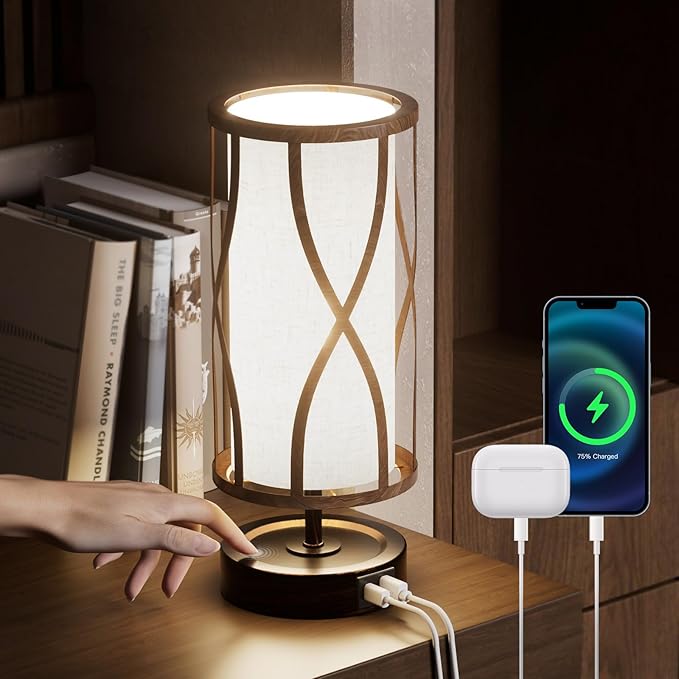 N10-2 Farmhouse Table Lamp Dimmable Touch Control Plug in Lamps Linen Rustic Desk Lamp IImitation Wood Metal Base Vintage Nightstand Table Lamp with USB Port for Bedroom Bedside (Bulb Included)