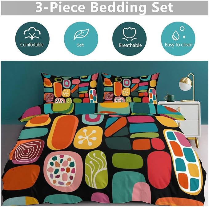 Modern Geometric Bedding Set,Retro Mid Century Colorful Diamond Abstract Geometric Vintage 60s 70s Pattern Comforter Set with Pillowcase for Bedroom Bed Decor,King 102"x90"