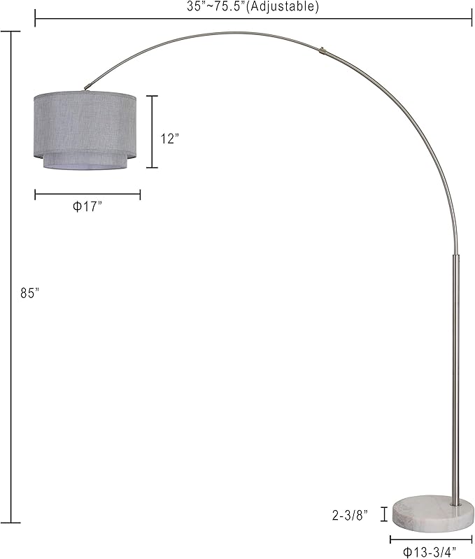 Major-Q 99-6938DS-GY Bedrooms Modern 81" Arc Tall Floor Living Room-Stand Up Arching Lamp with Grey Double Drum Style Shade and Marble Base, 6938xl-gy+rc