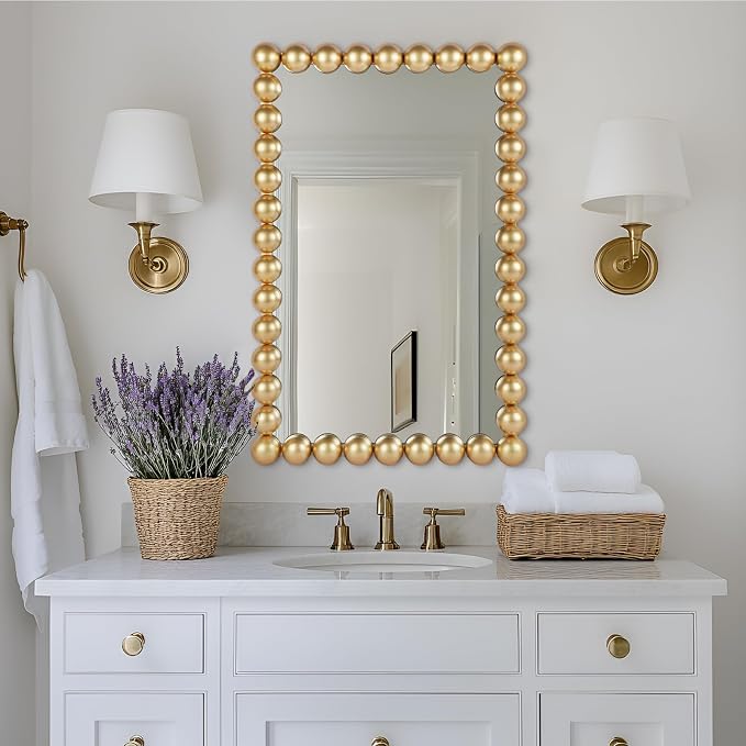 Decorative Beaded Wall Mirror – Modern Rectangular Accent Mirror, 20″x30″, for Living Room, Bedroom, Bathroom, Entryway & Office – Available in Gold, Black, & White (Gold)