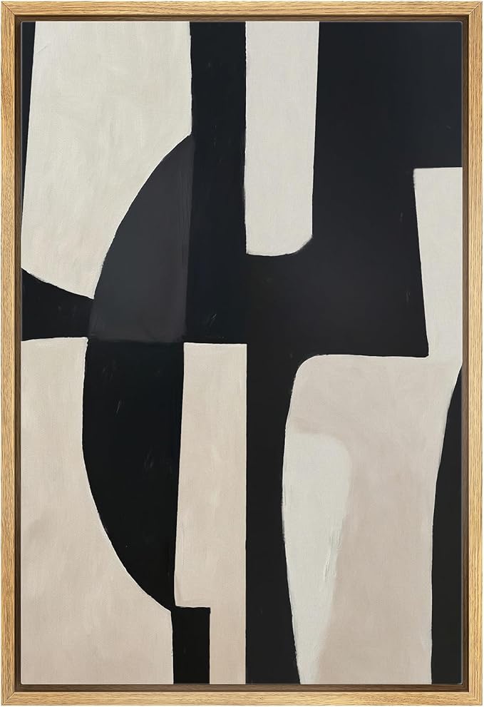 MUDECOR Framed Canvas Print Wall Art Bold Geometric Shapes in Black and Beige Abstract Mid-Century Illustrations Minimalism Decorative Bohemian Geometric Retro for Bedroom - 16"x24" Natural
