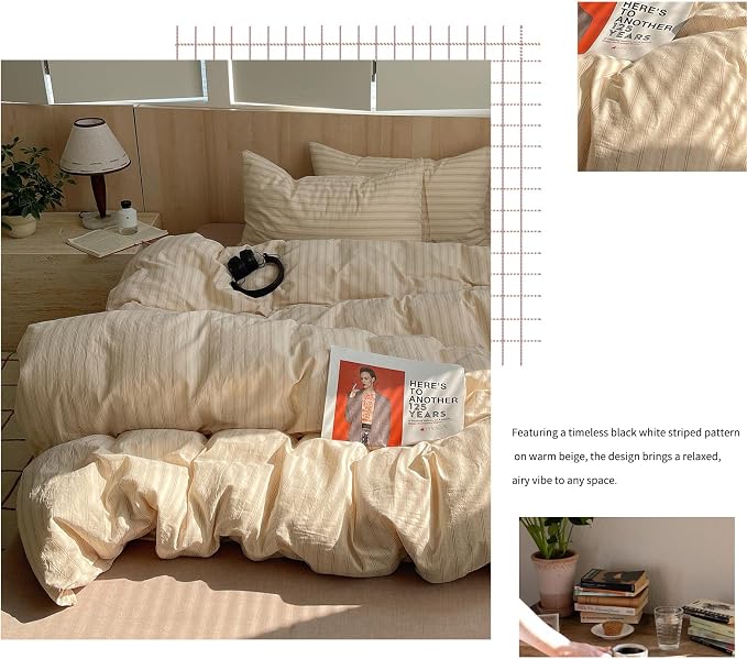 mixinni Retro Striped Duvet Cover Set Full Size - 100% Washed Cotton Beige Duvet Cover with Black White Stripes, Soft Breathable 3 Piece Comforter Cover with Zipper Closure & Corner Ties