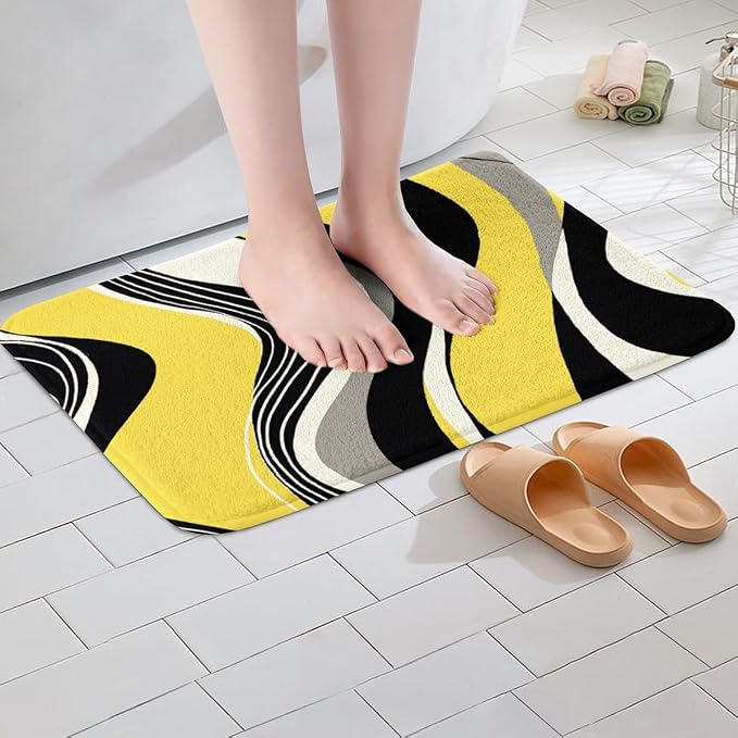 Feelyou Yellow and Gray Black White Bath Rugs Modern Abstract Geometric Bathroom Rugs Kids Boys Girls Teens Stripe Line Pattern Decor Bath Mats for Bathroom 20"x32" Bathroom Accessories