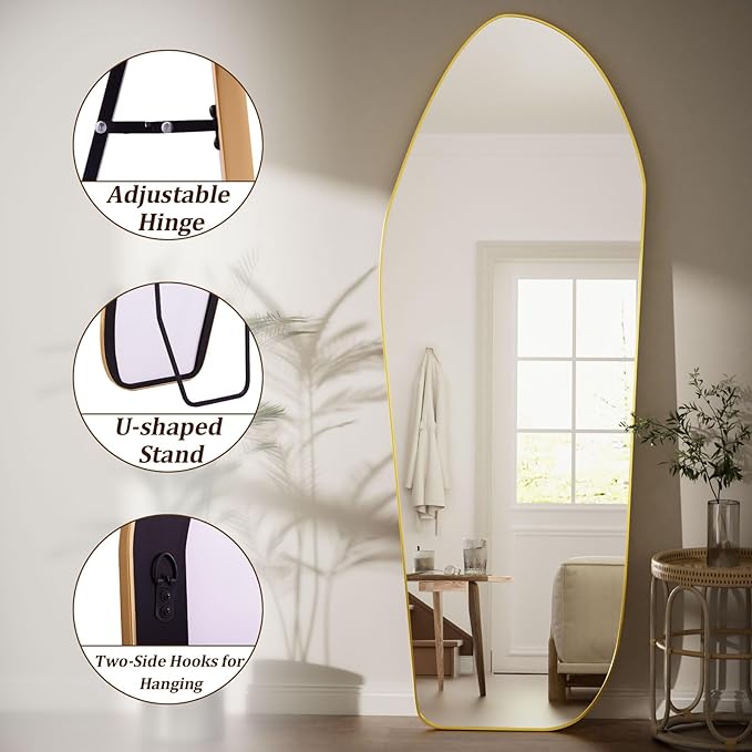 Full Length Mirror - 67"x24" Irregular Diamond Shaped Floor Mirror Aluminum Frame Floor Mirror Full Length for Bedroom Living Room Cloakroom Decor Gold