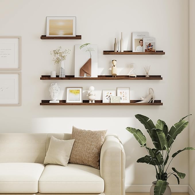 Floating Shelves Set of 6, 16 Inch Picture Ledge Shelf with Lip for Wall, Wall Mounted Display Shelf for Living Room, Bedroom, Nursery, Bathroom, Kitchen, Walnut