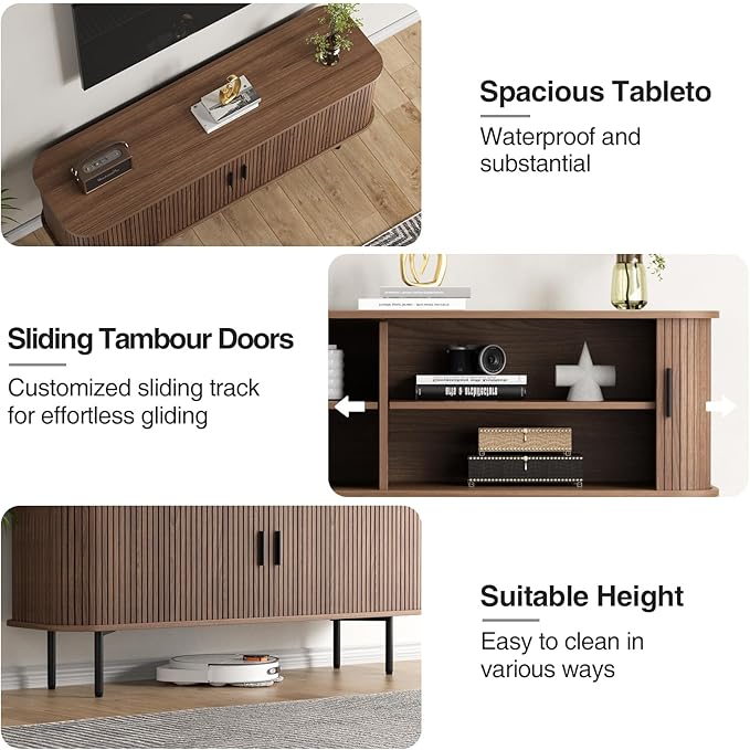 55''W Walnut Cabinet with Storage, Media Console, Tambour TV Stand, Television Stands with Curvy Edge; Sliding Door, Fluted Cabinet, Buffet Sideboard, Credenza, Table Stand for Living Room, Kitchen